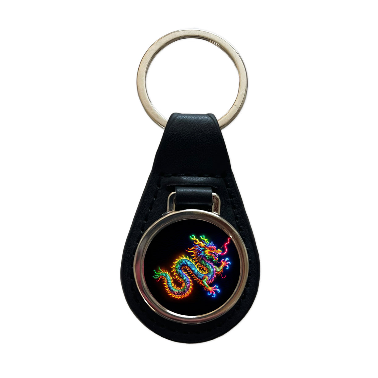 Neon Asian Dragon Black Leather Metal Keychain
