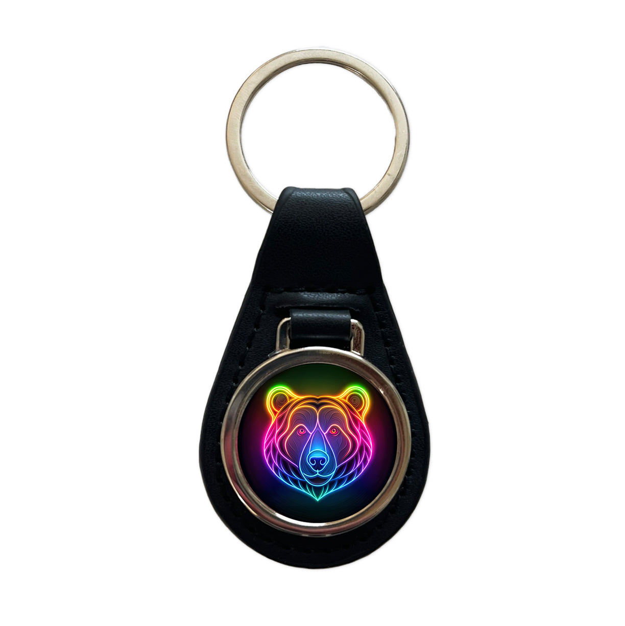 Neon Bear Face Black Leather Metal Keychain