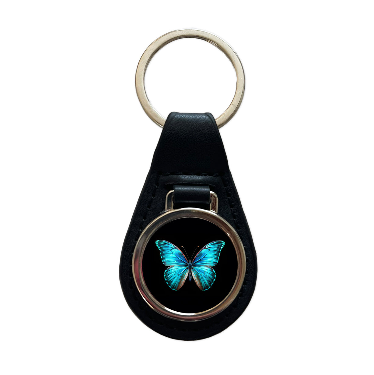 Neon Blue Teal Butterfly Black Leather Metal Keychain