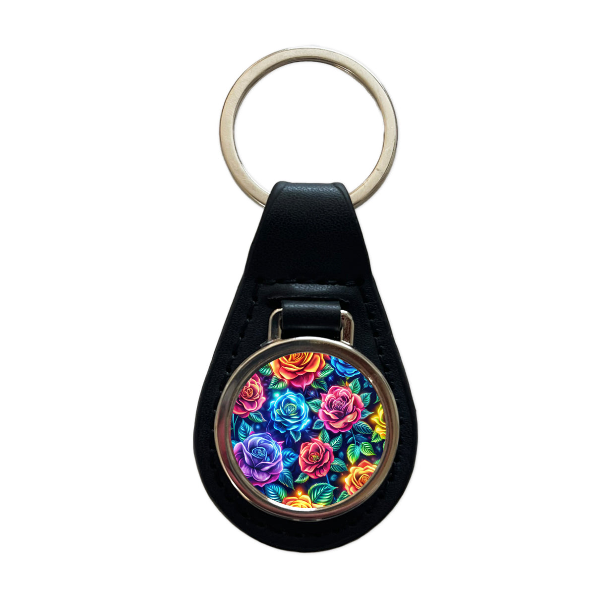 Neon Colorful Rose Floral Pattern Black Leather Metal Keychain