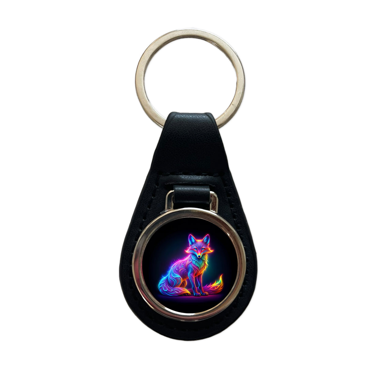 Neon Fox Black Leather Metal Keychain