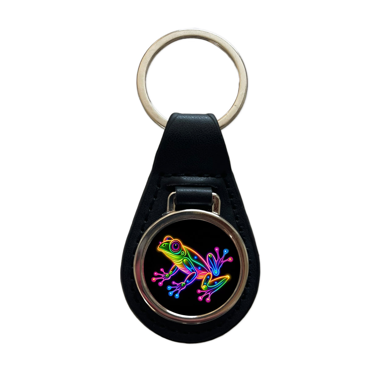 Neon Frog Black Leather Metal Keychain
