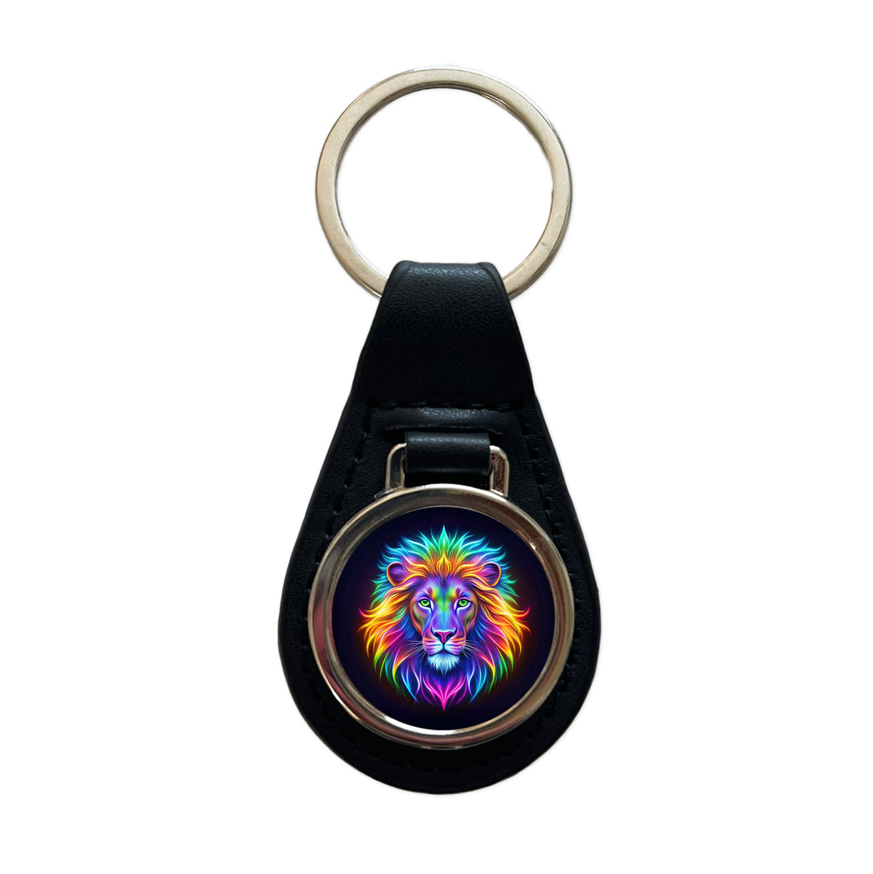 Neon Lion Black Leather Metal Keychain