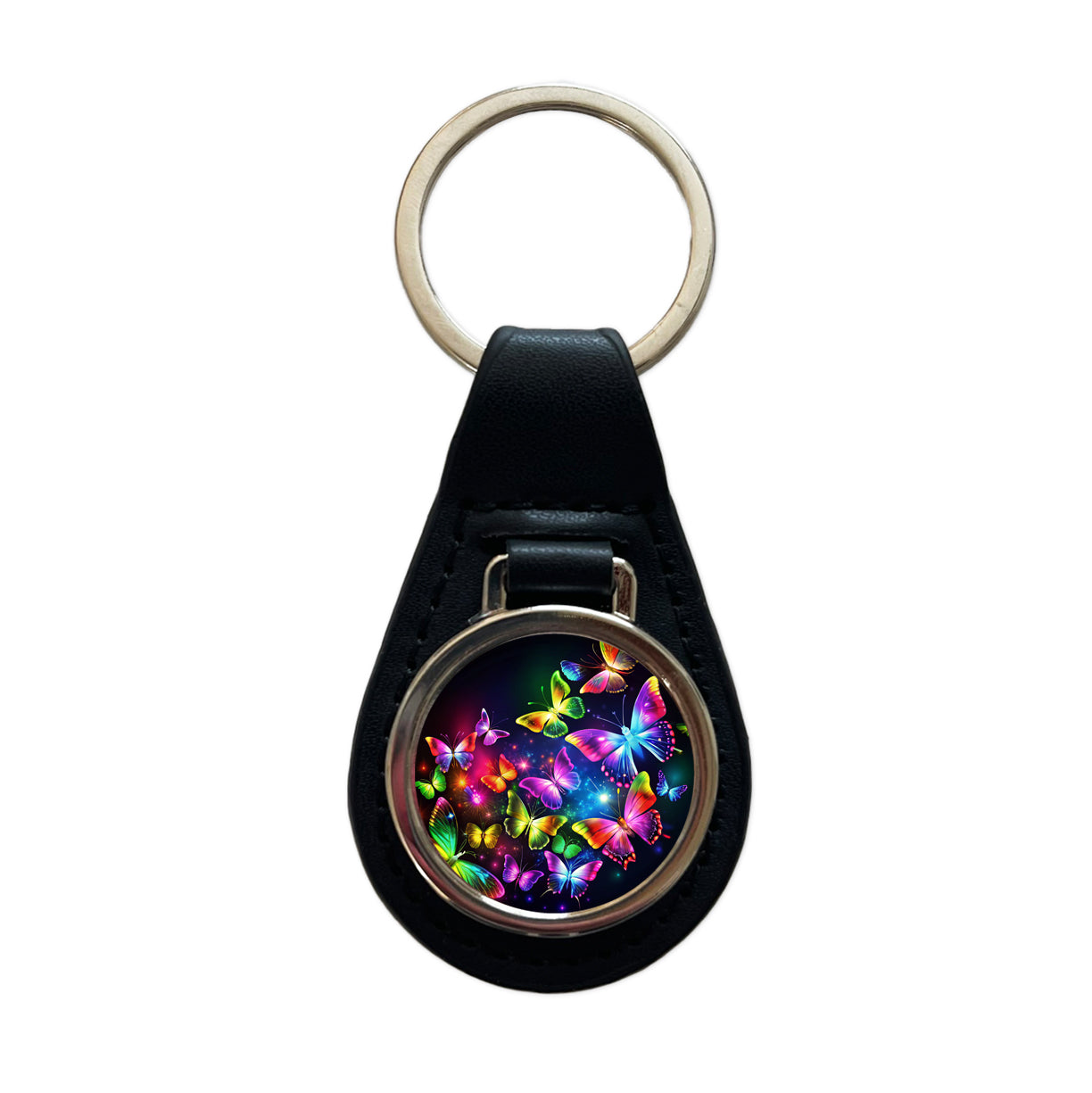 Neon Rainbow Butterflies Black Leather Metal Keychain