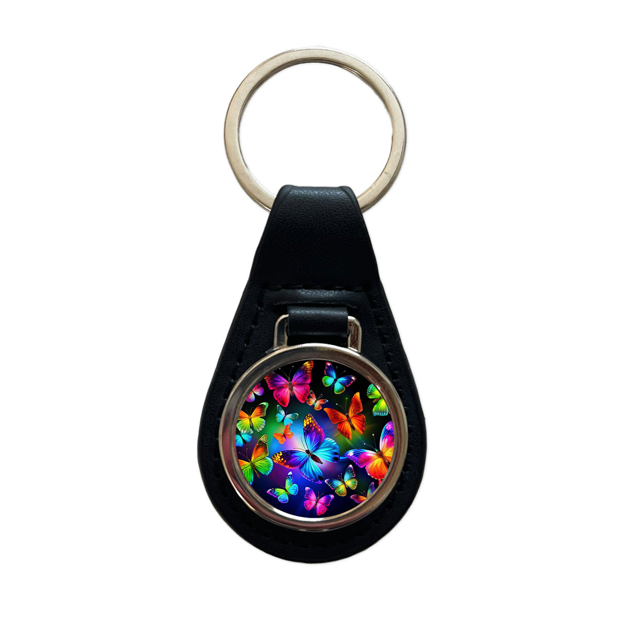 Neon Rainbow Colorful Butterflies Black Leather Metal Keychain