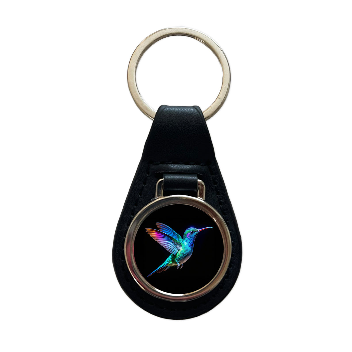 Neon Teal Blue Hummingbird Black Leather Metal Keychain