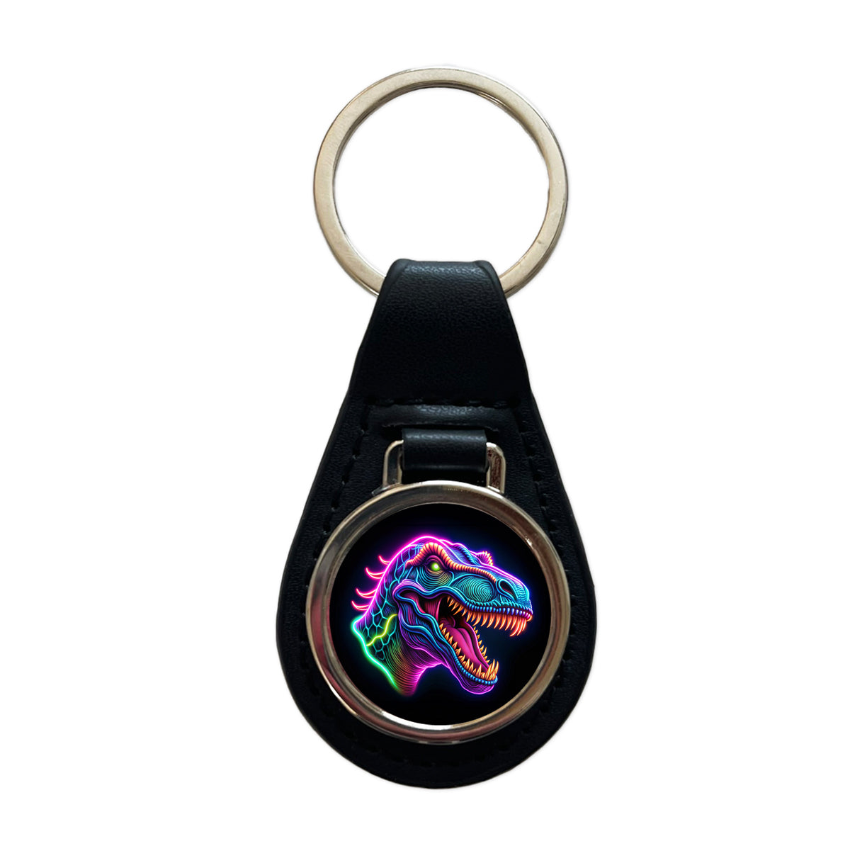 Neon T-Rex Dinosaur Head Black Leather Metal Keychain
