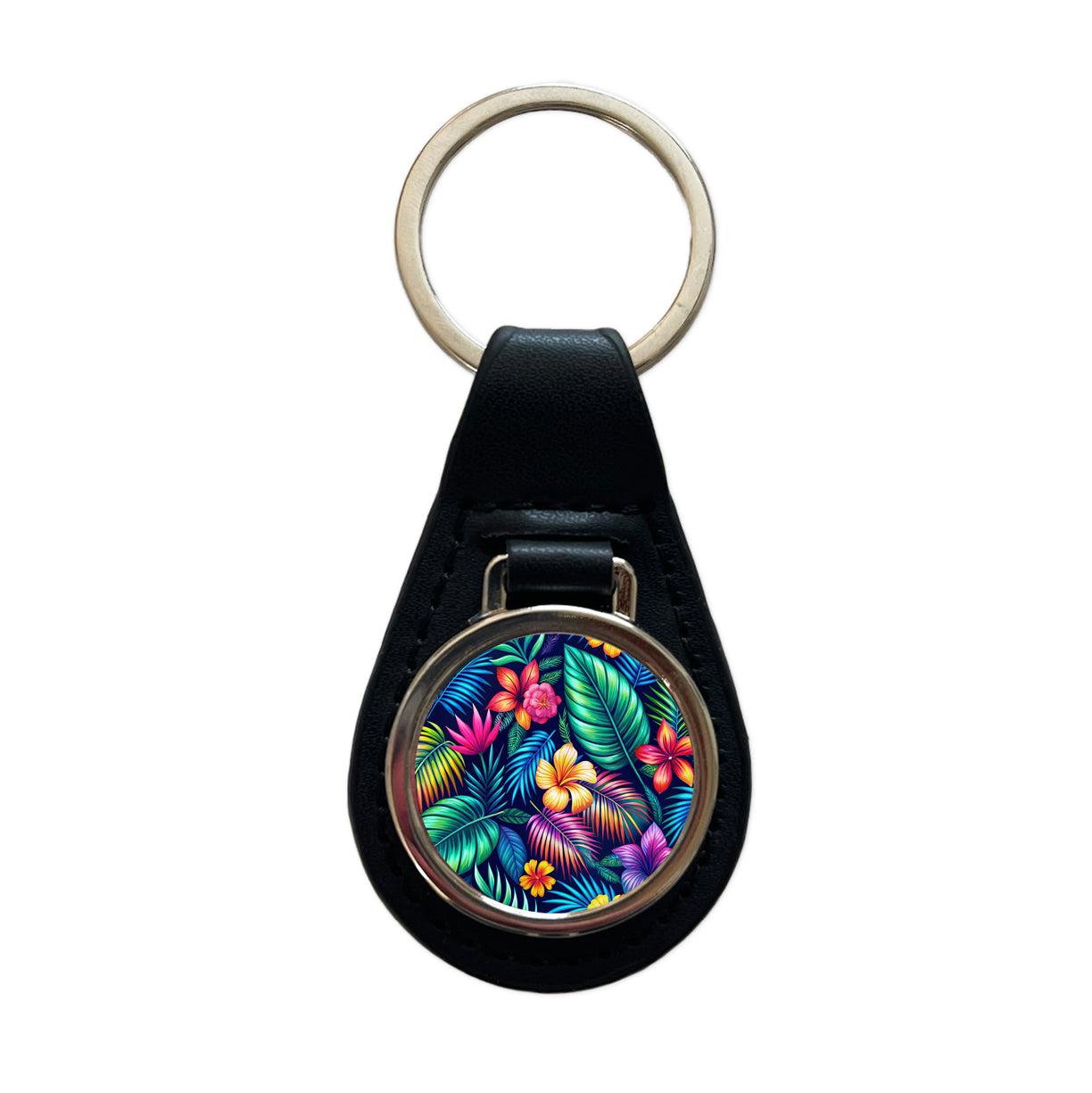 Neon Tropical Floral Pattern Black Leather Metal Keychain