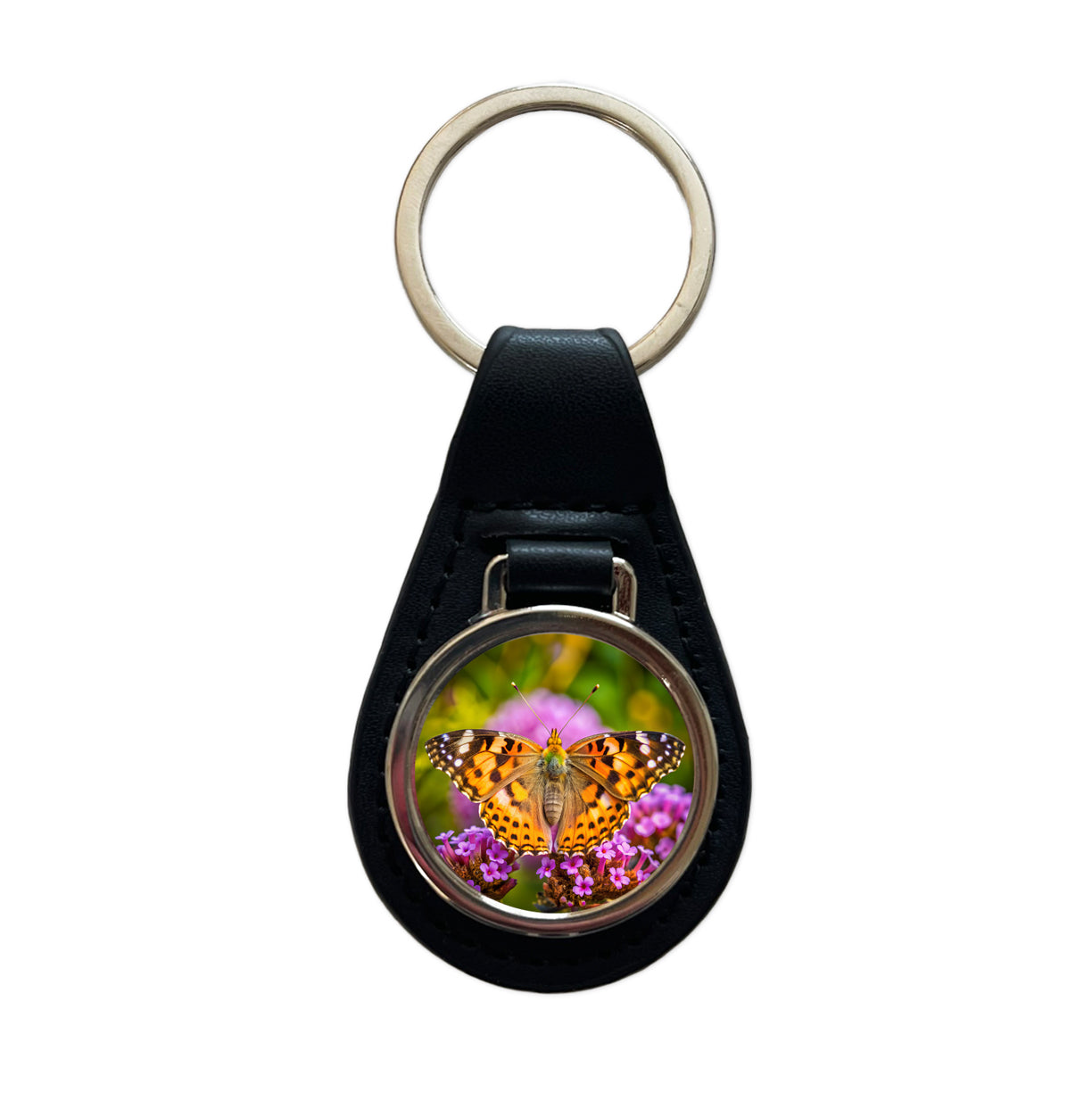 Painted Lady Butterfly Black Leather Metal Keychain