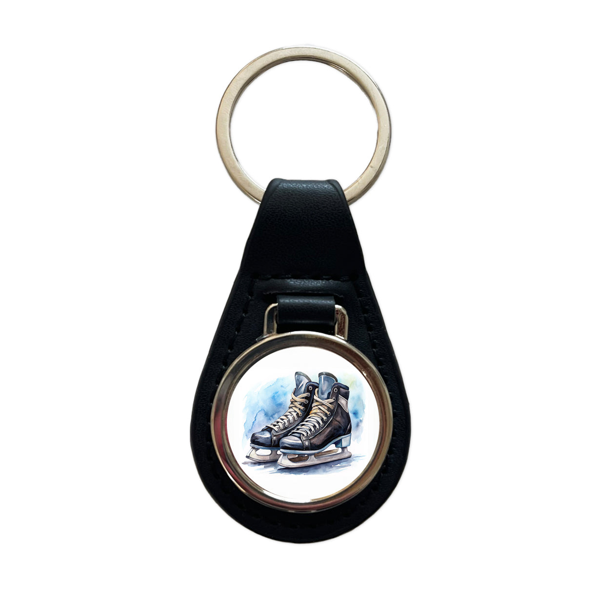 Pair Of Hockey Ice Skates Watercolor Black Leather Metal Keychain