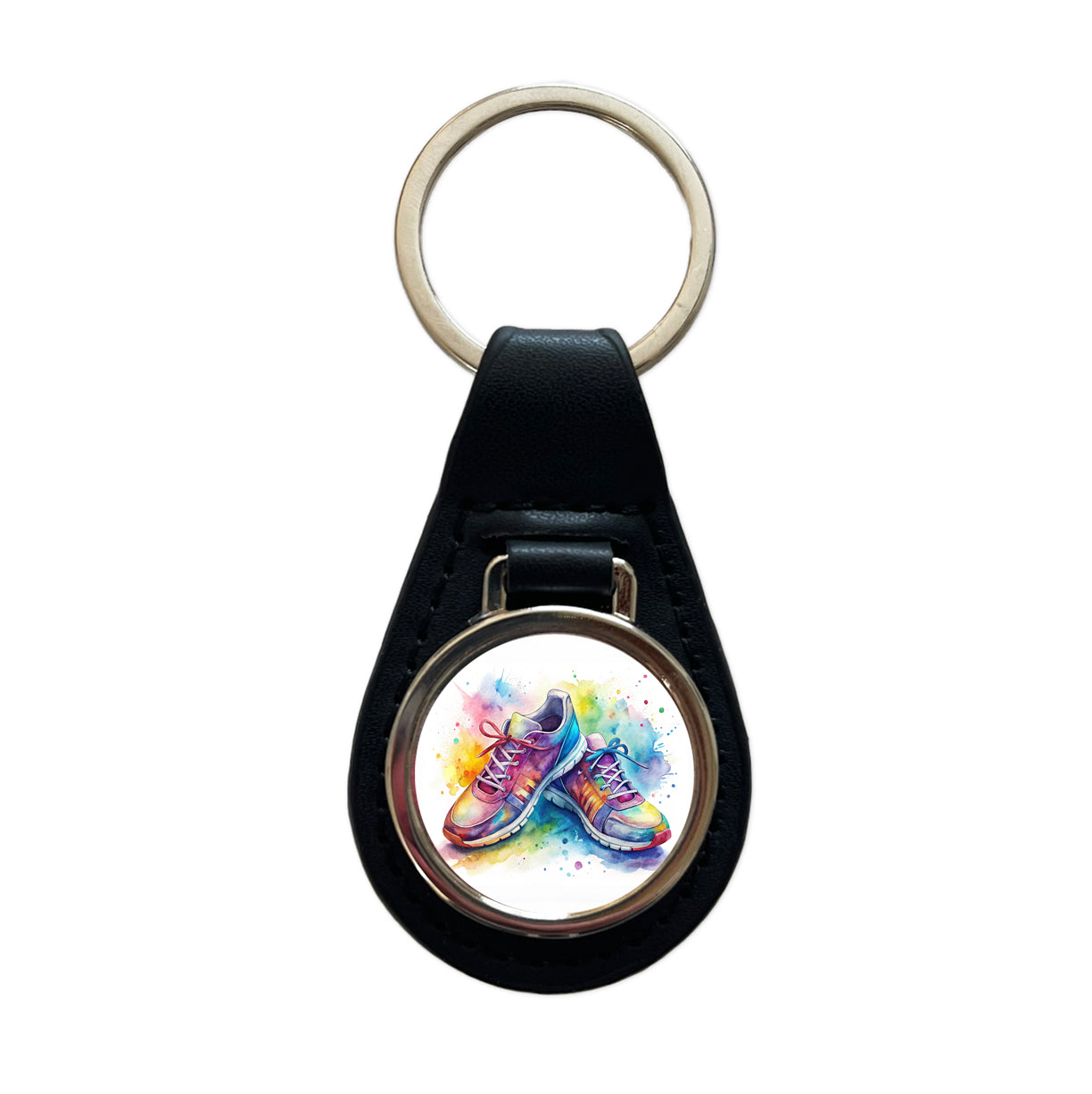 Pair Of Running Shoes Watercolor Black Leather Metal Keychain