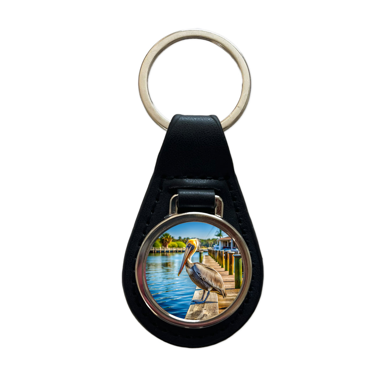 Pelican On Dock Black Leather Metal Keychain