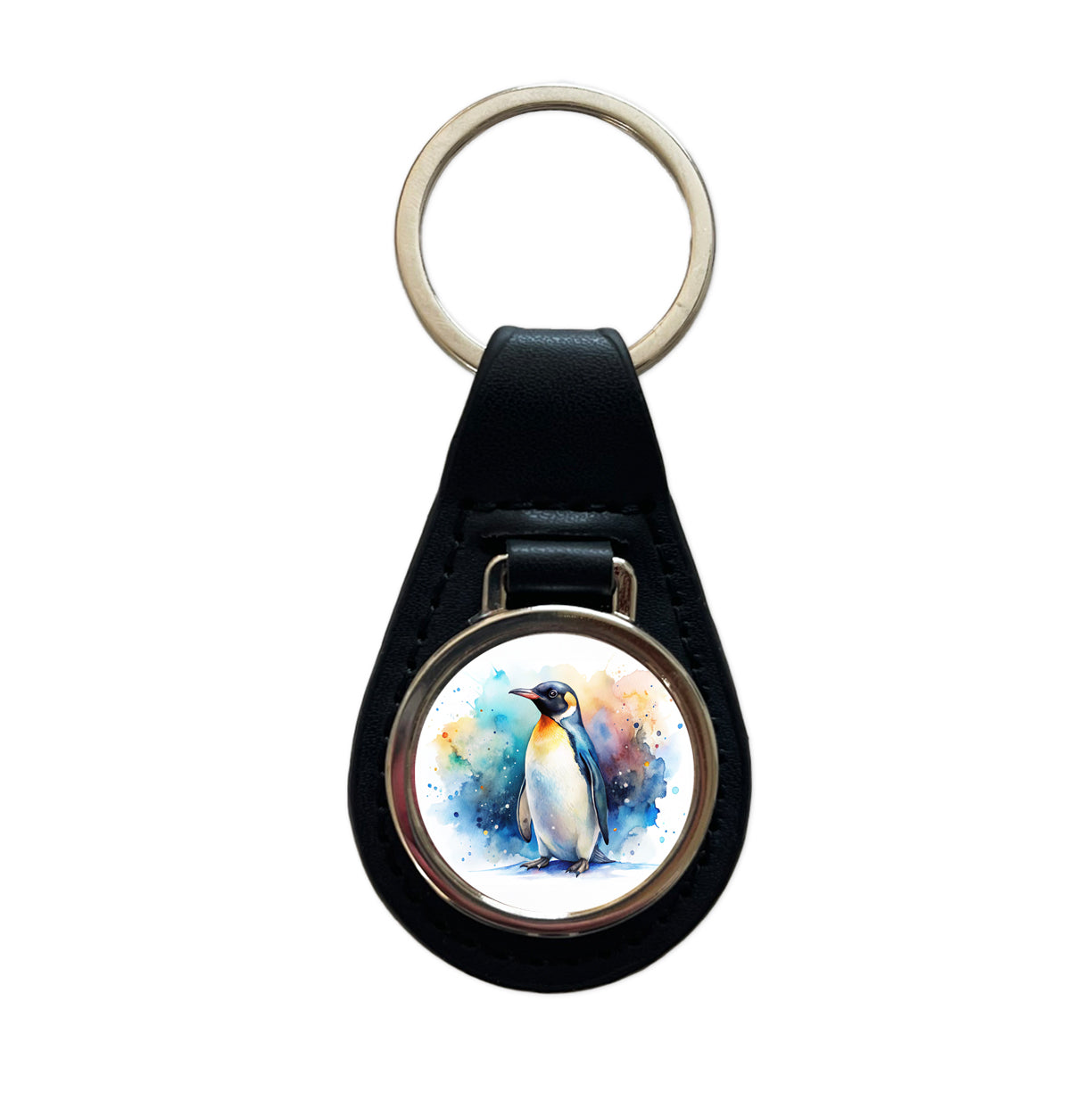 Penguin Watercolor Black Leather Metal Keychain