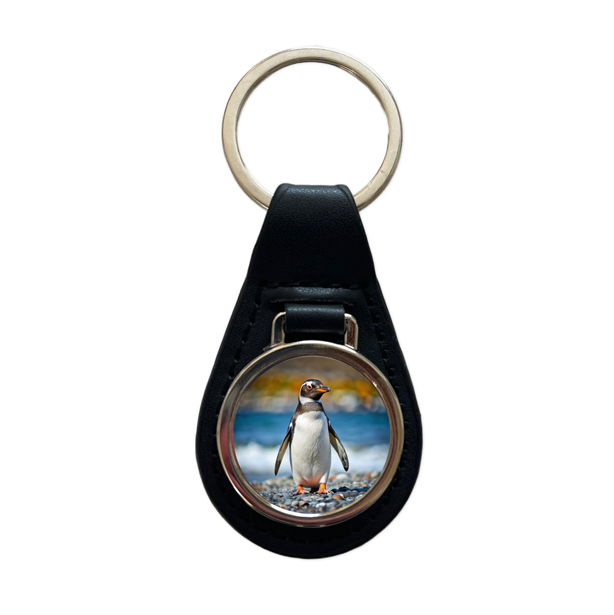 Penguin Black Leather Metal Keychain