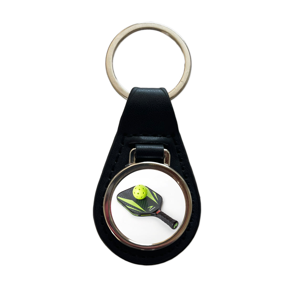 Pickleball Paddle and Ball Black Leather Metal Keychain