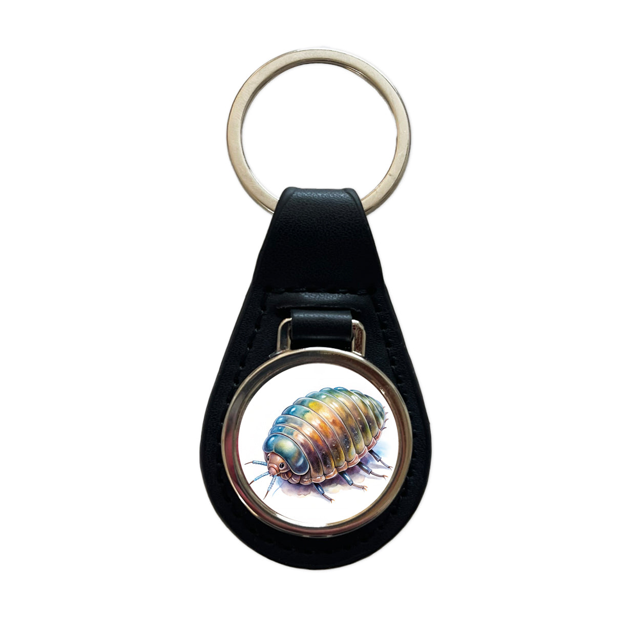 Pill Bug Watercolor Black Leather Metal Keychain