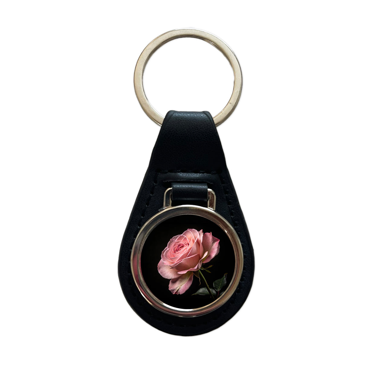 Pink Rose Black Leather Metal Keychain
