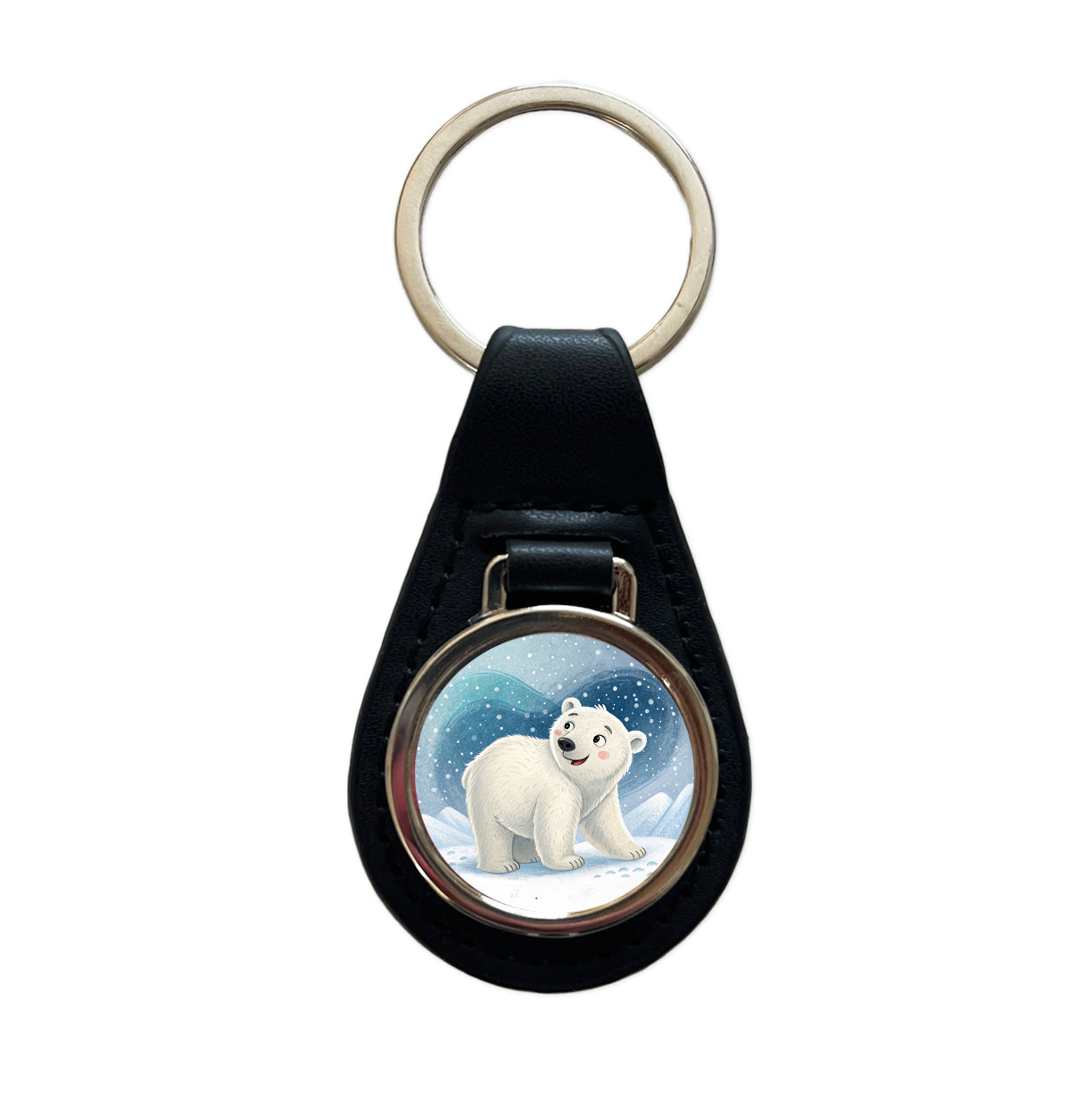 Polar Bear Children's Illustration Style Black Leather Metal Keychain