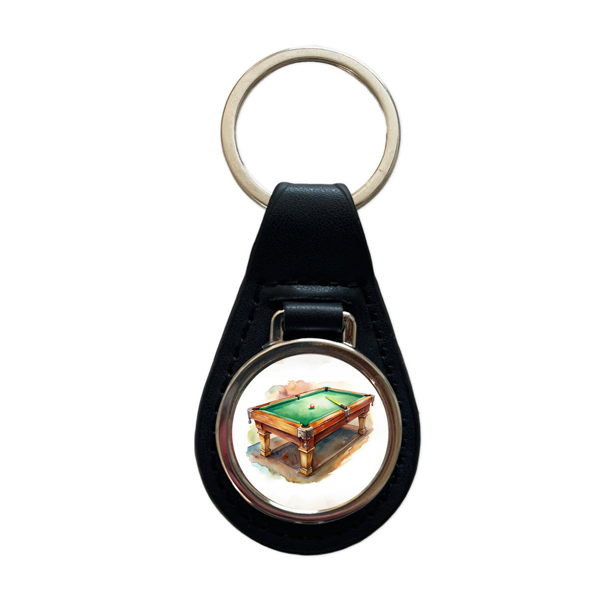 Pool Billiards Table Watercolor Black Leather Metal Keychain
