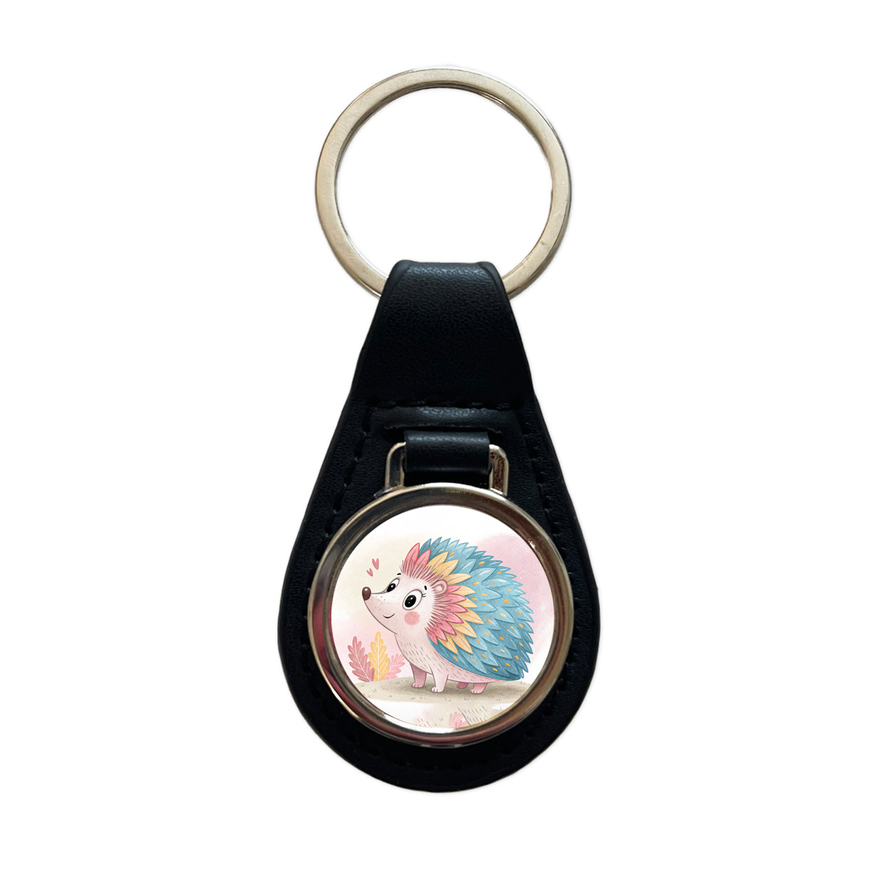 Porcupine Children's Illustration Style Black Leather Metal Keychain