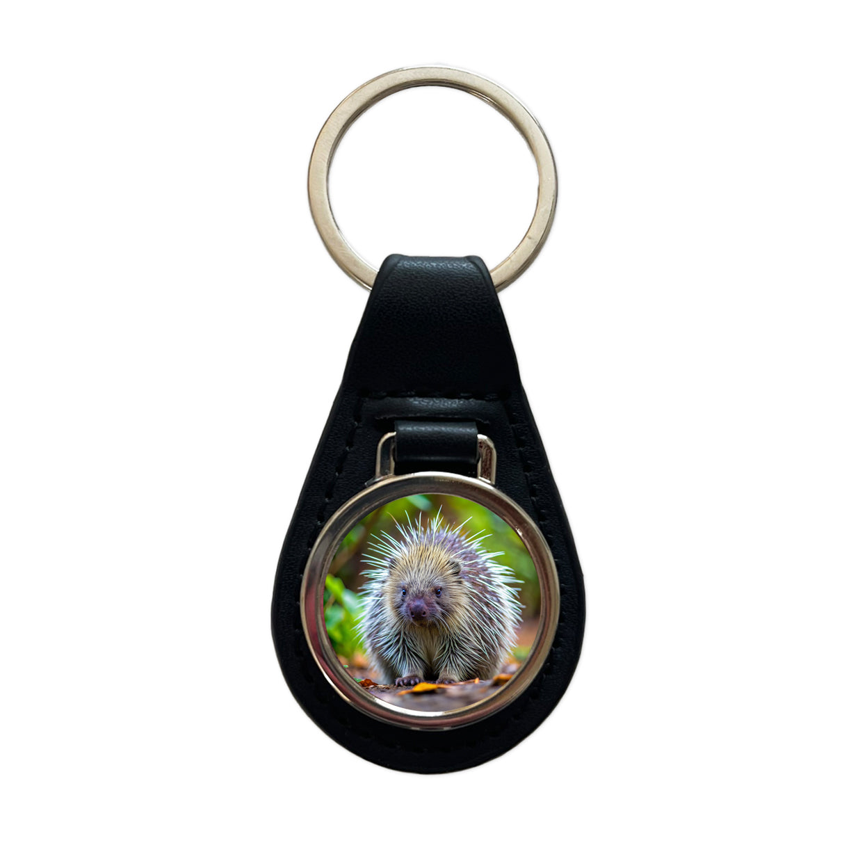 Porcupine Black Leather Metal Keychain