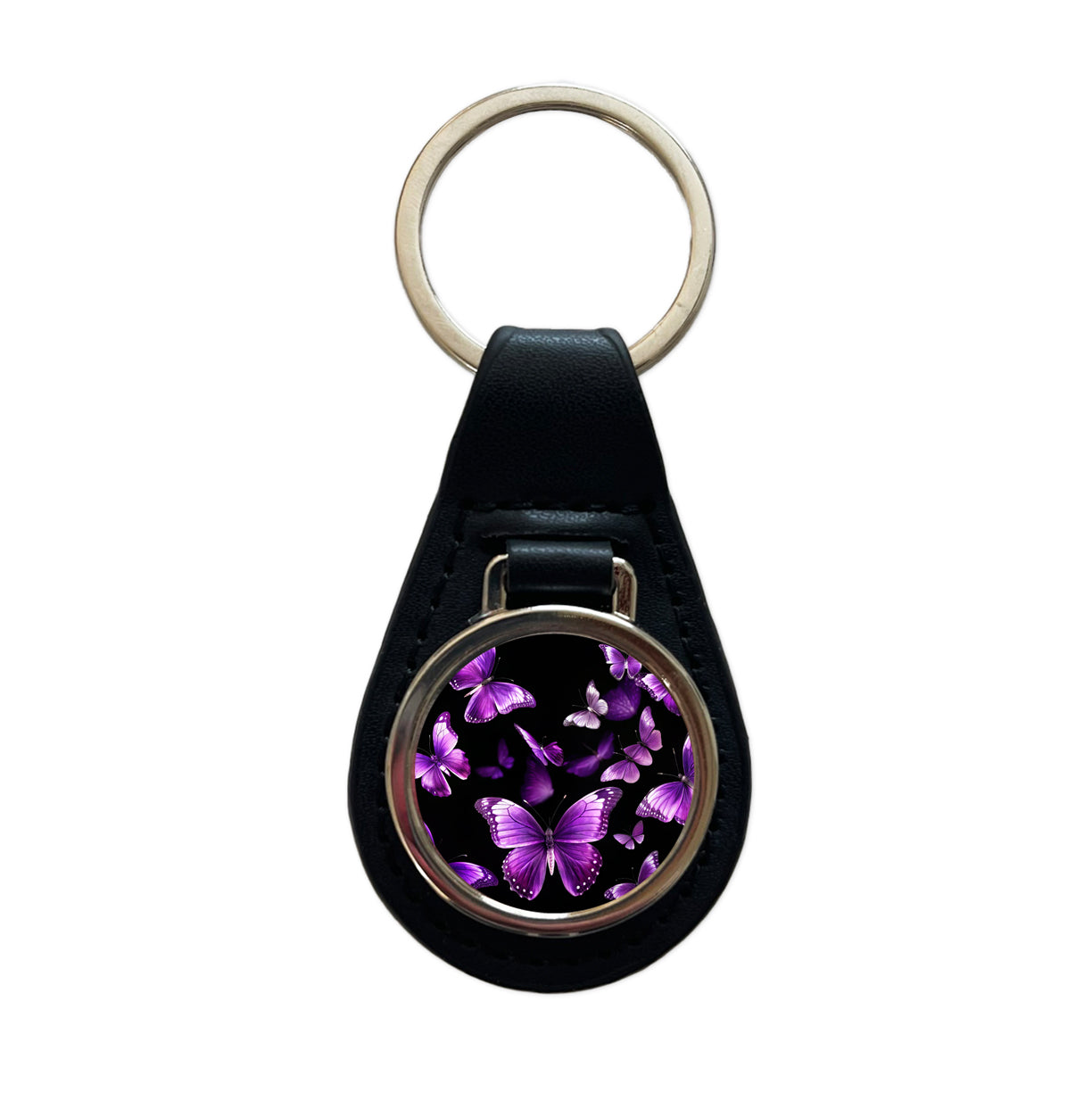 Purple Butterflies Flying Black Leather Metal Keychain