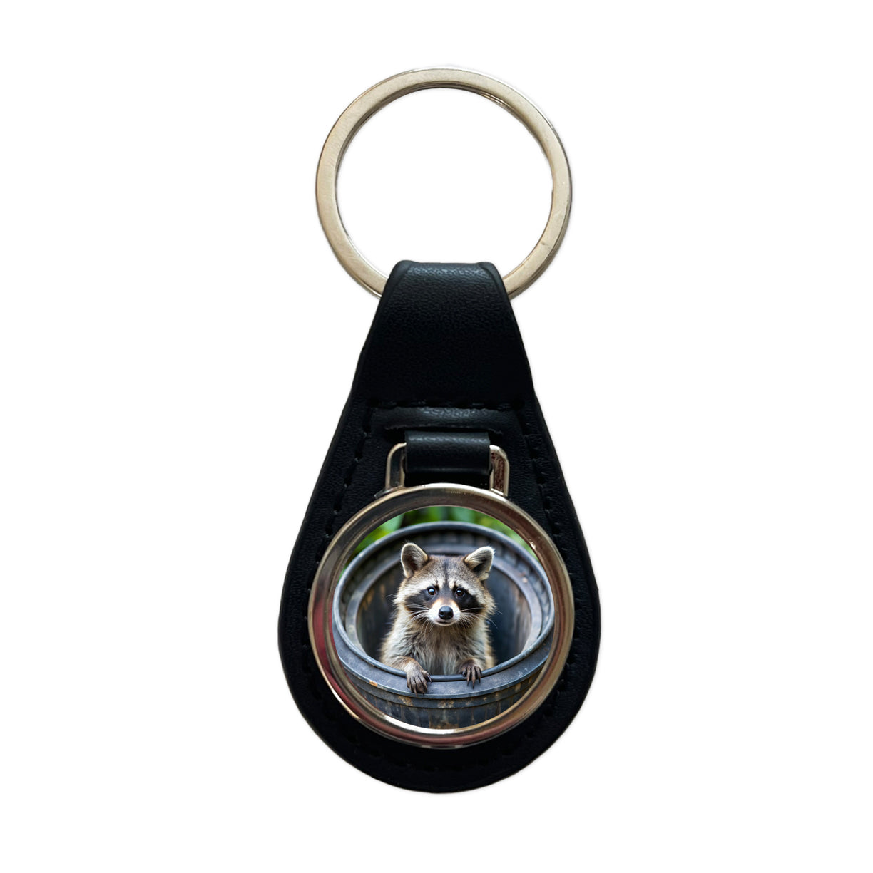 Raccoon In Barrel Trash Panda Black Leather Metal Keychain