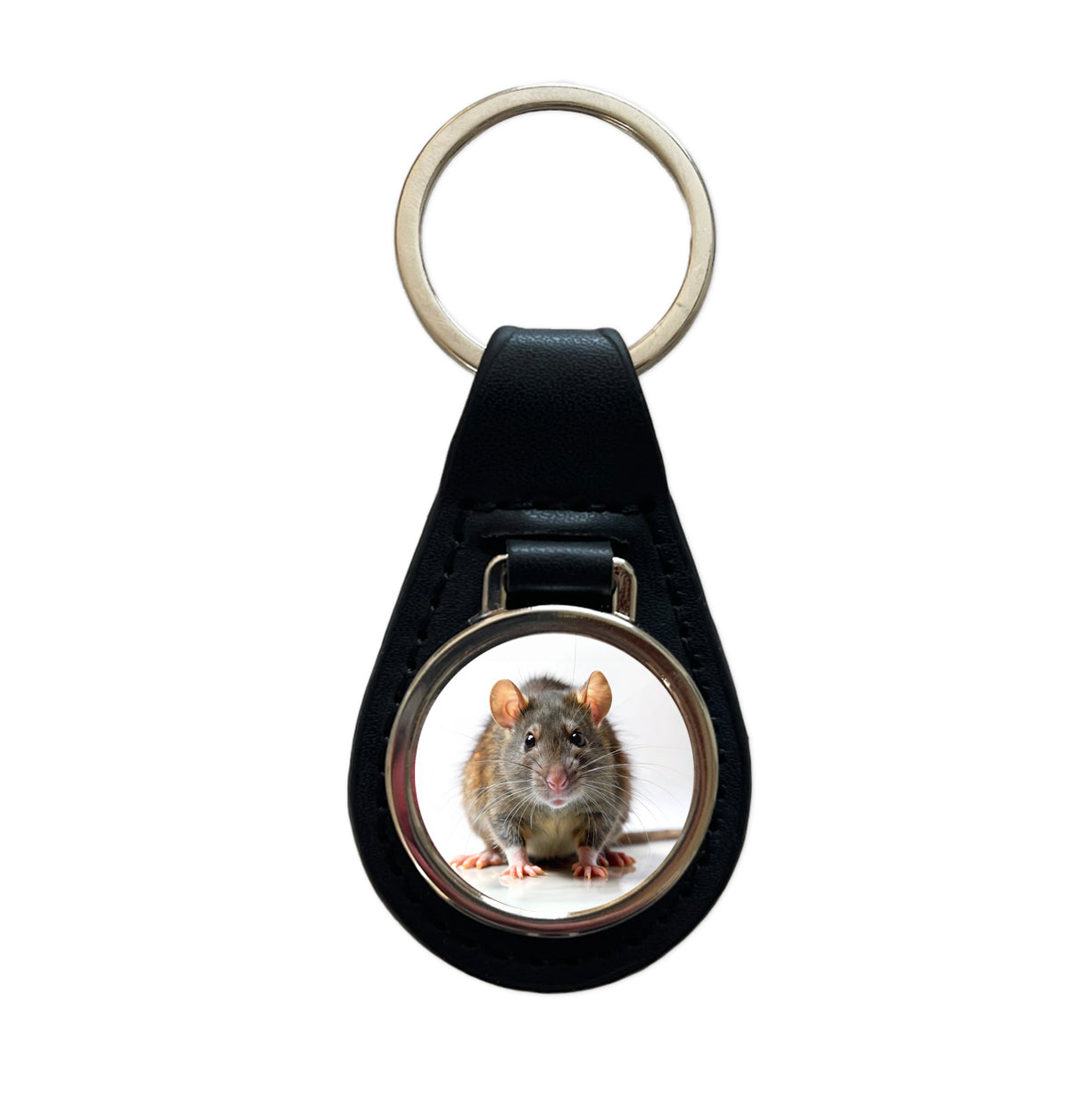 Rat Black Leather Metal Keychain