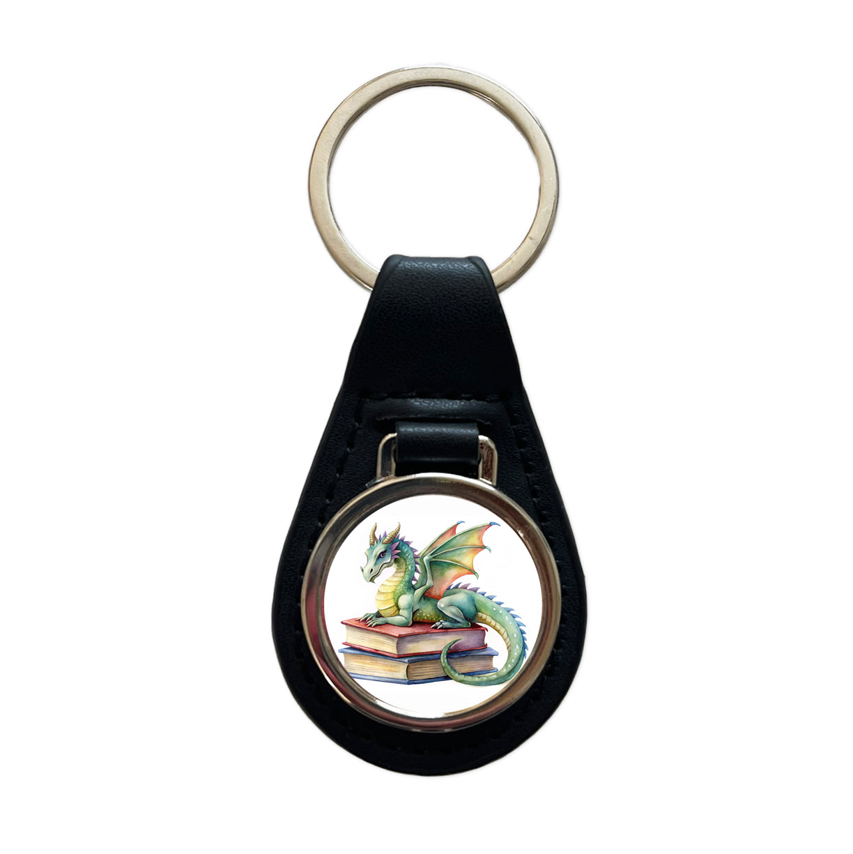 Reading Dragon Laying On Top Books Watercolor Black Leather Metal Keychain
