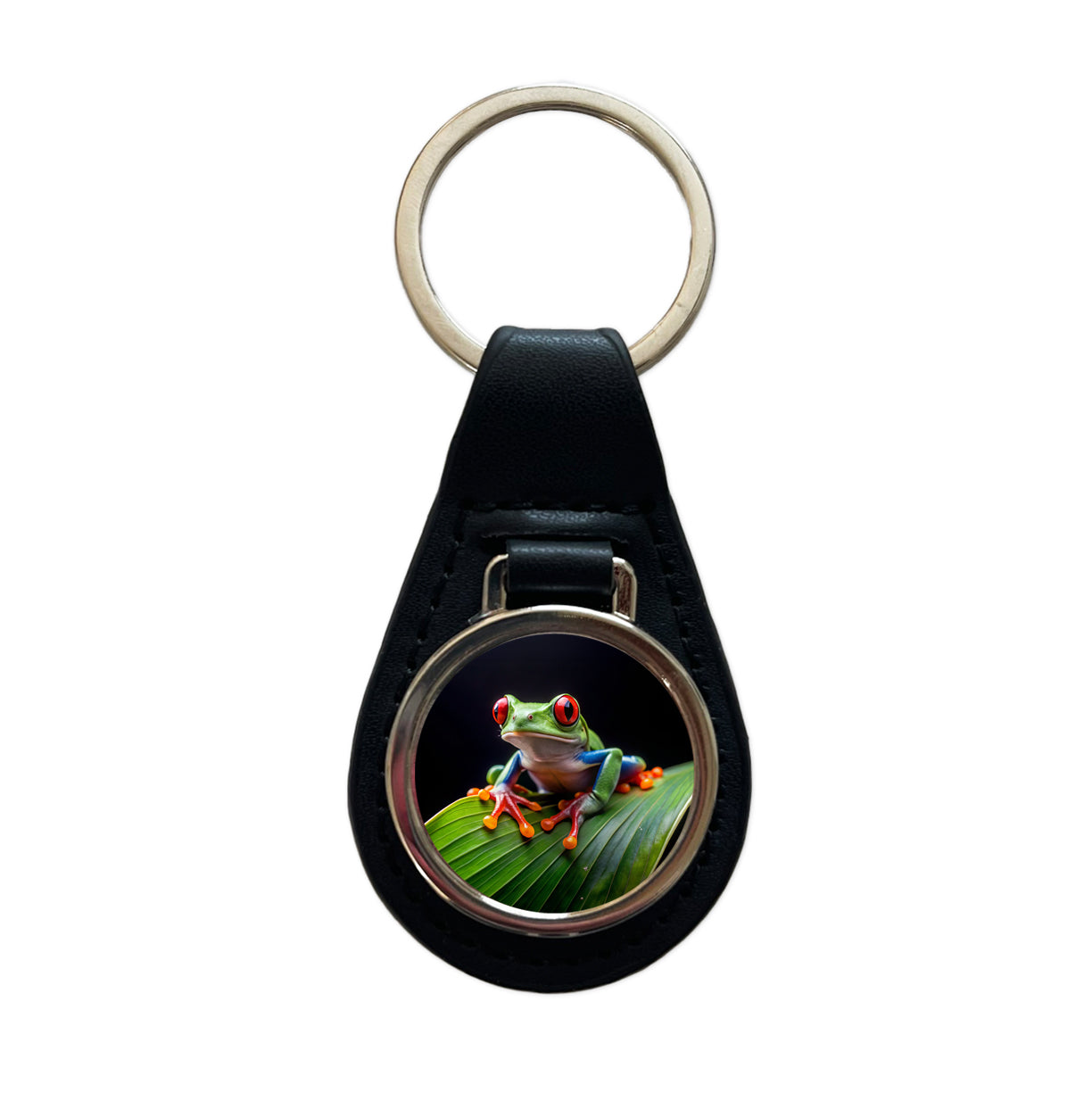 Red Eyed Tree Frog On Leaf Black Leather Metal Keychain