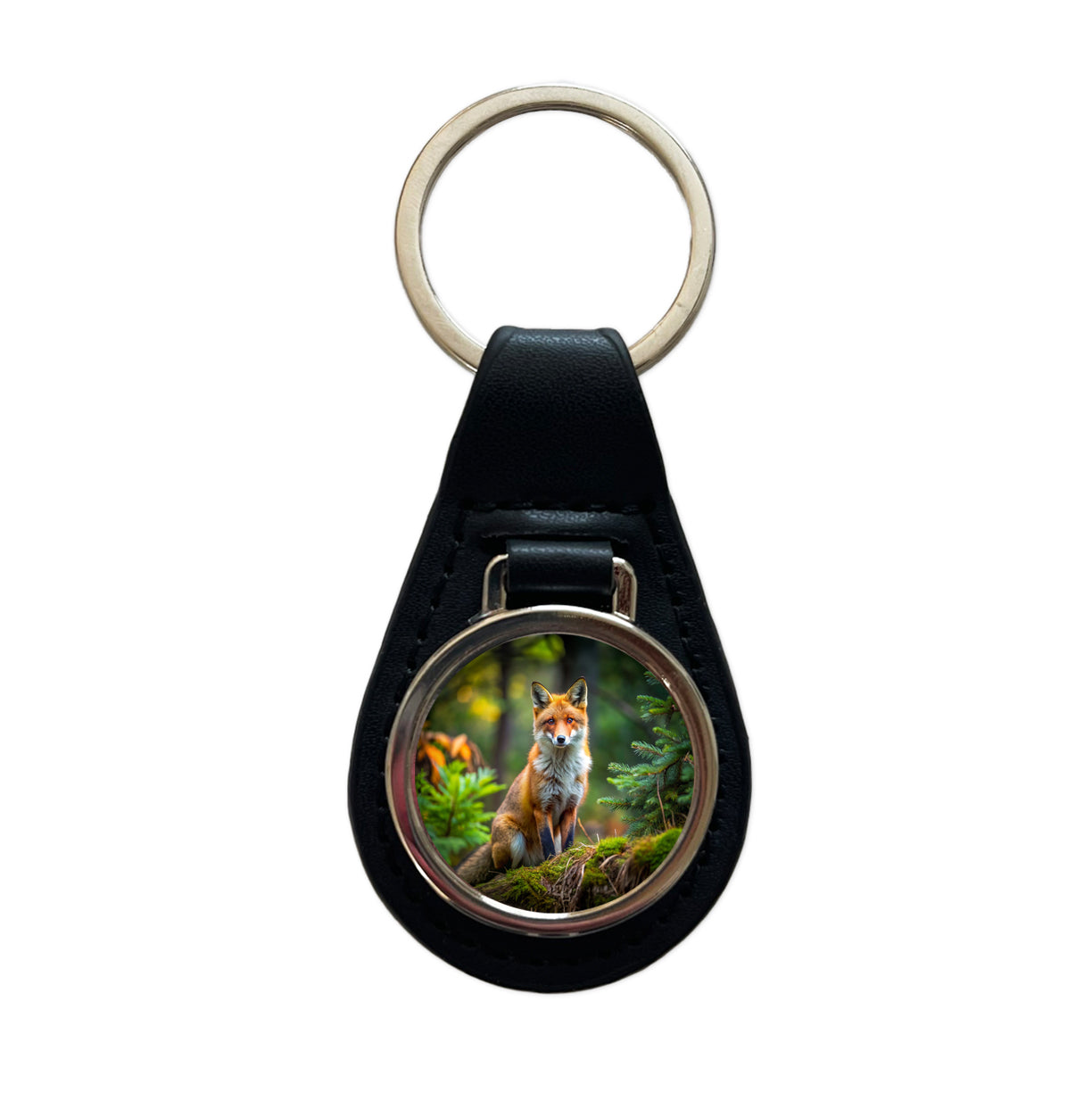 Red Fox In Forest Black Leather Metal Keychain