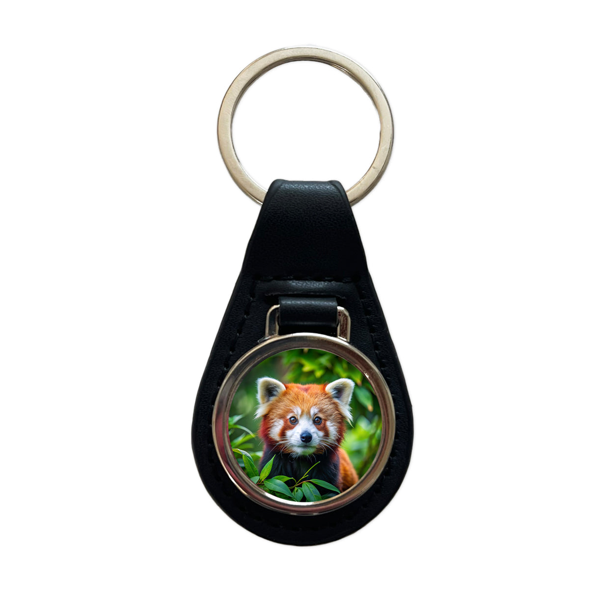 Red Panda Black Leather Metal Keychain