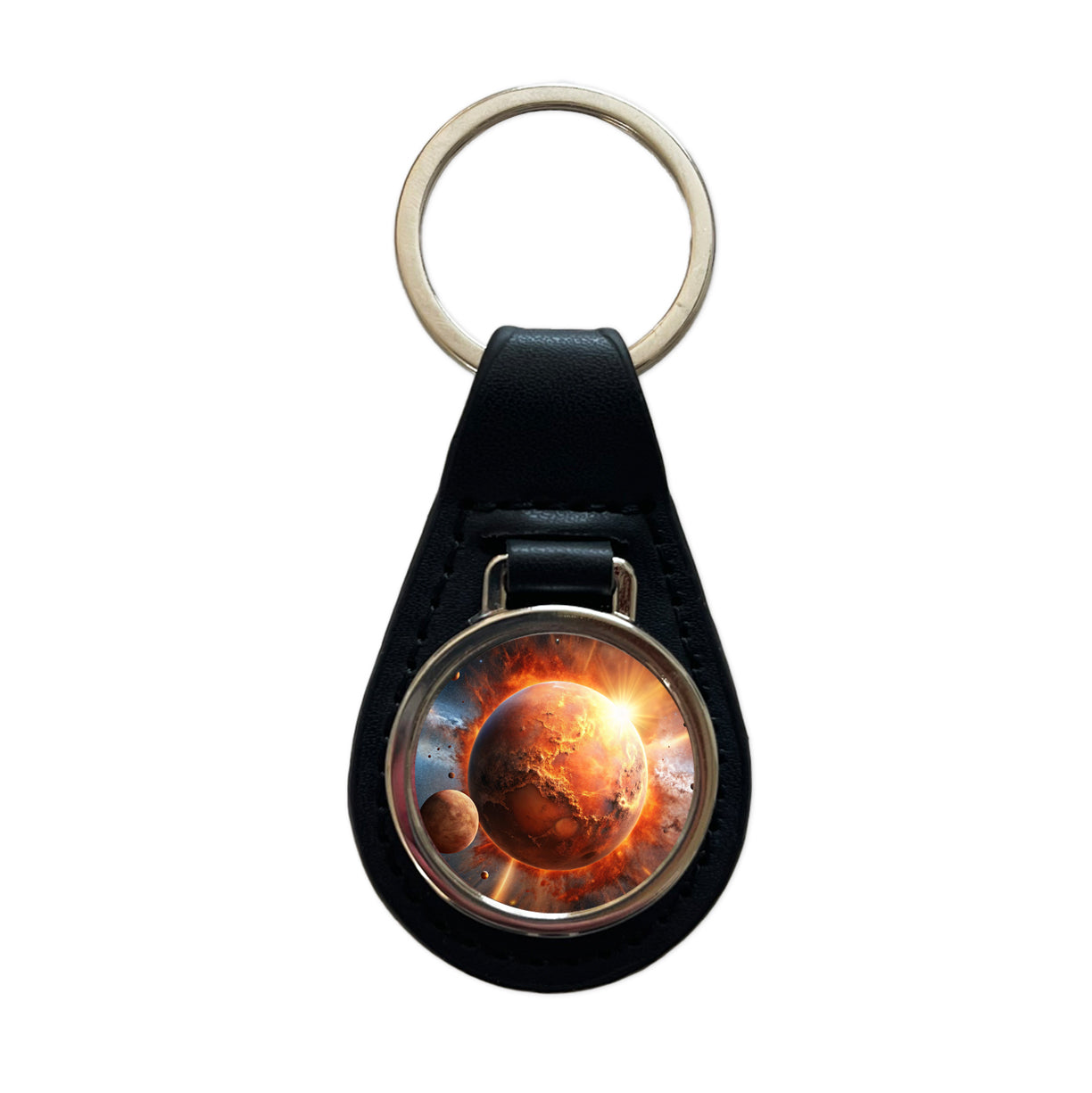 Red Planet Exploding in Space Sci-fi Black Leather Metal Keychain