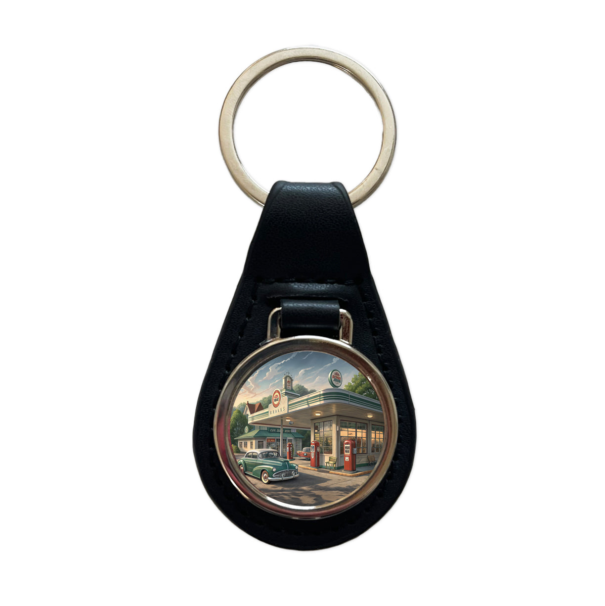 Retro Americana 1950's Main Street Gas Station Black Leather Metal Keychain