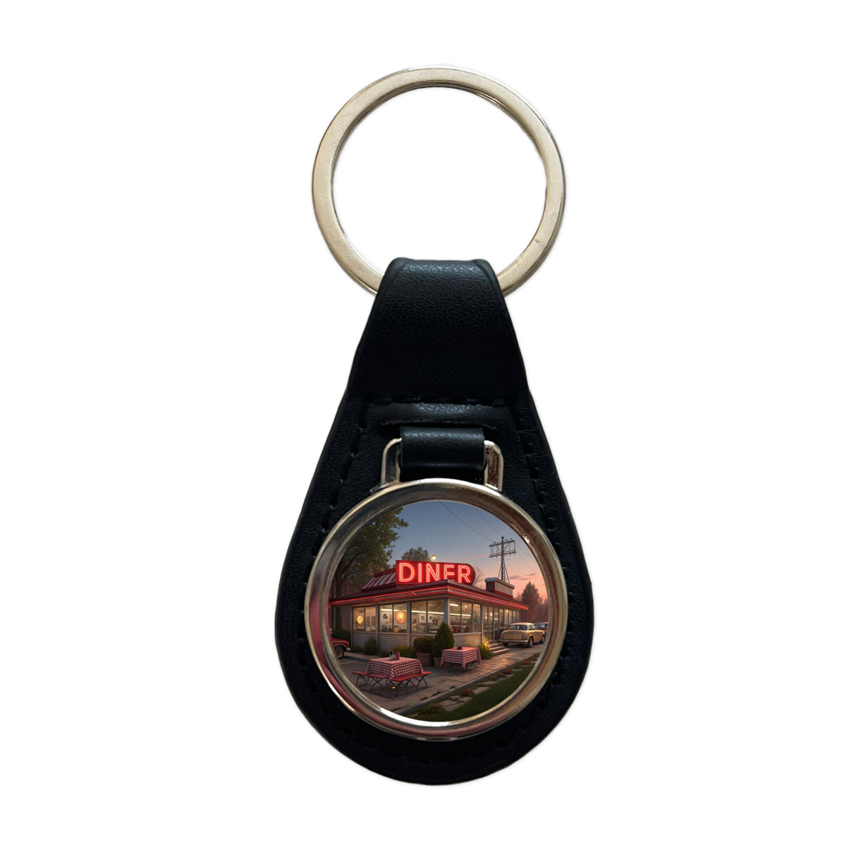 Retro Classic Roadside Dinner With Neon Sign Black Leather Metal Keychain
