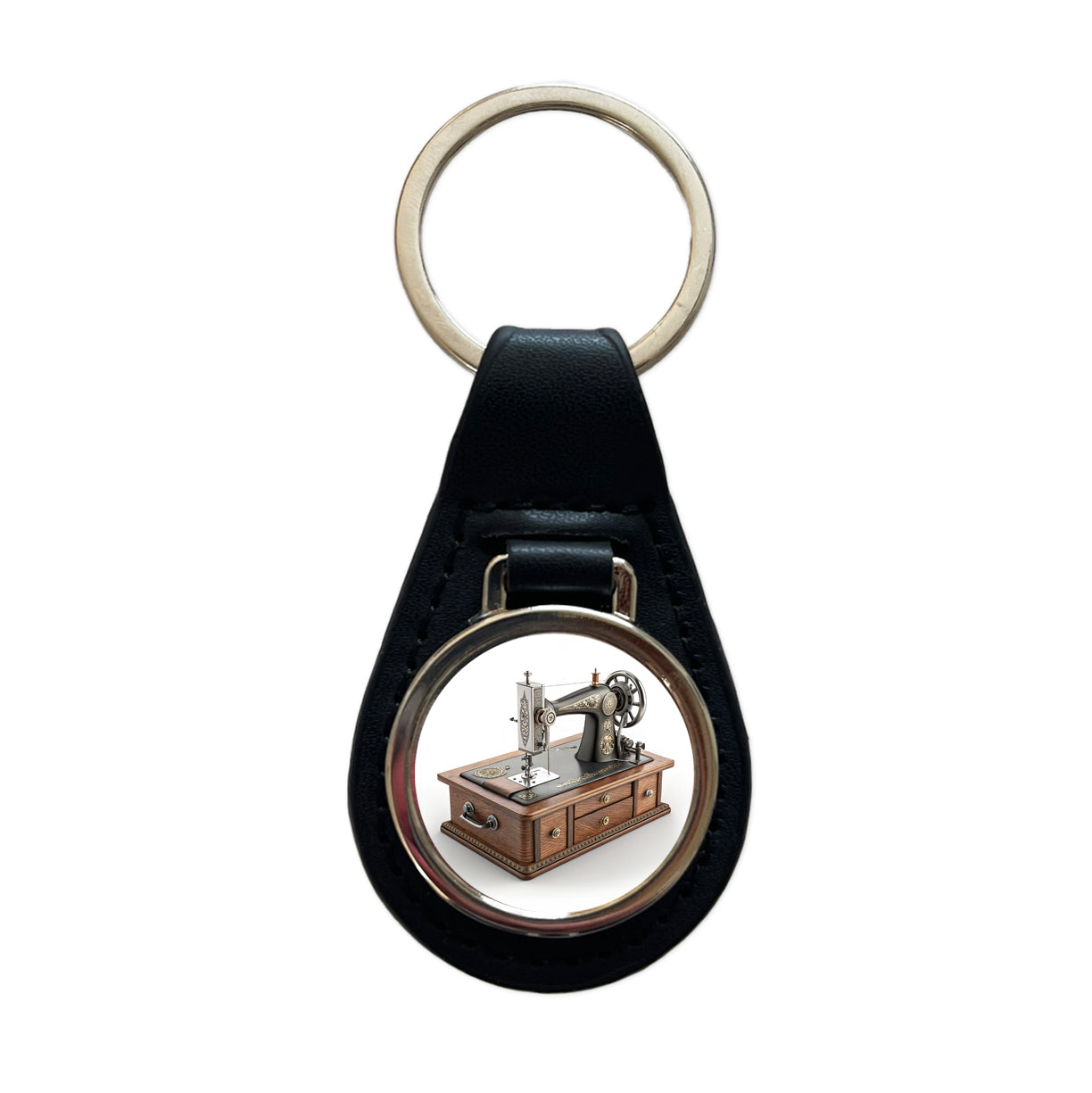 Retro Classic Sewing Machine Black Leather Metal Keychain