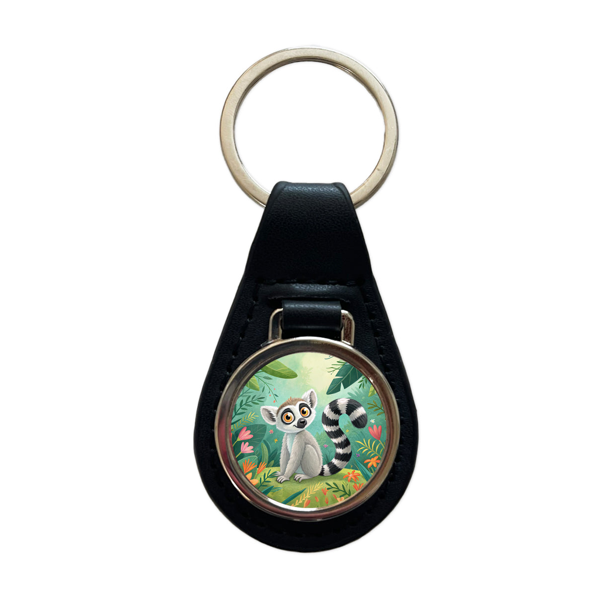 Ring-Tailed Lemur Children's Illustration Style Black Leather Metal Keychain