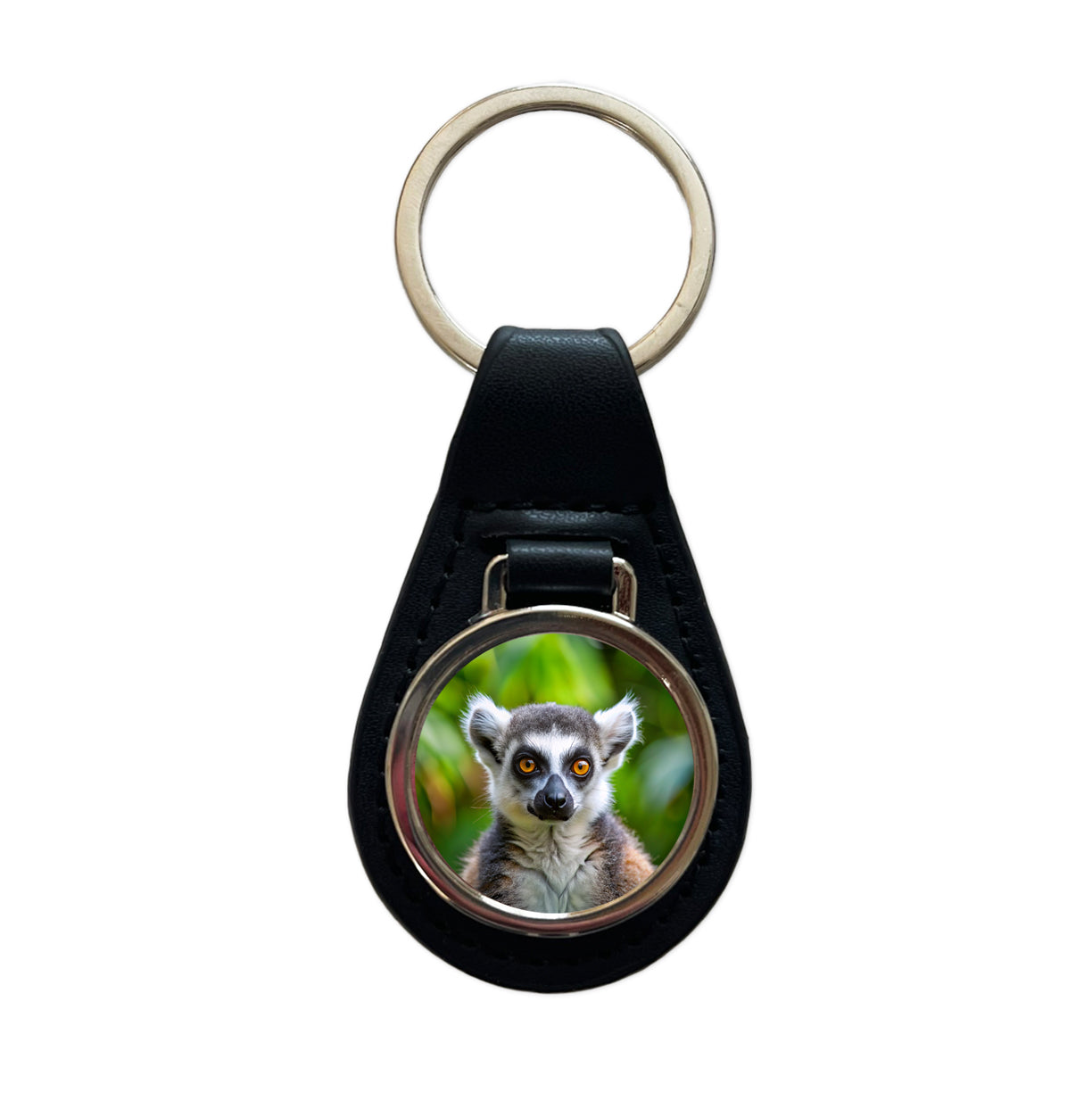 Ring-Tailed Lemur Black Leather Metal Keychain