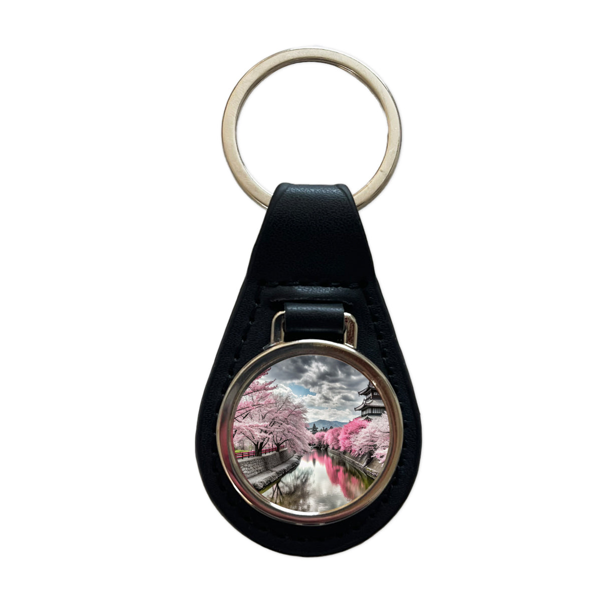 Sakura Trees Along River Japanese Scene Black Leather Metal Keychain