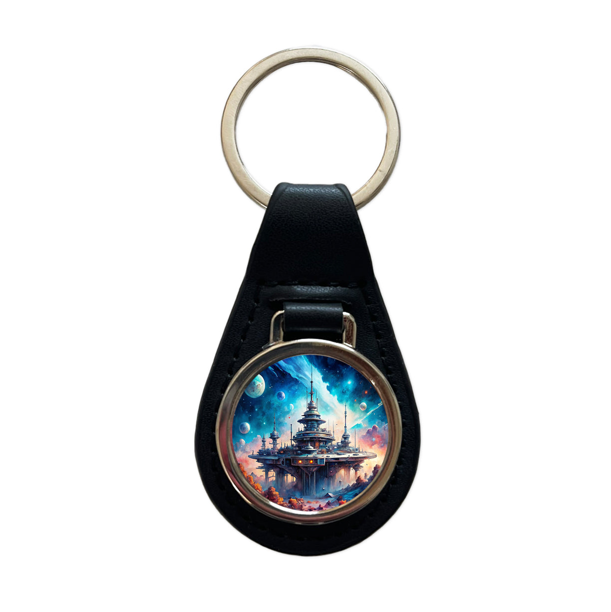 Sci-fi Military Space Station Black Leather Metal Keychain