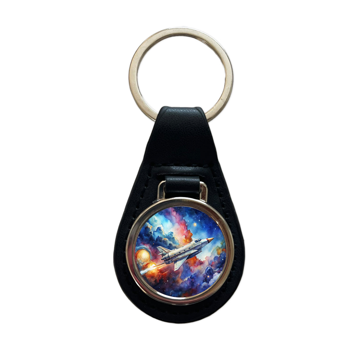 Sci-fi Military Transport Spaceship Watercolor Black Leather Metal Keychain