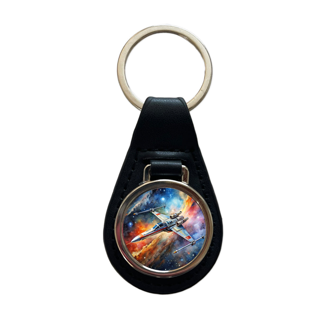 Sci-fi Space Starfighter Black Leather Metal Keychain