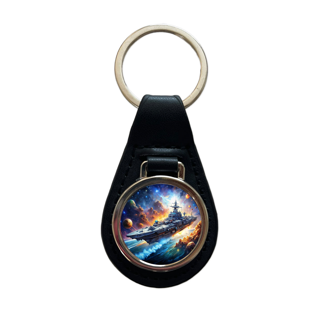 Sci-fi Space Warship Battleship Black Leather Metal Keychain