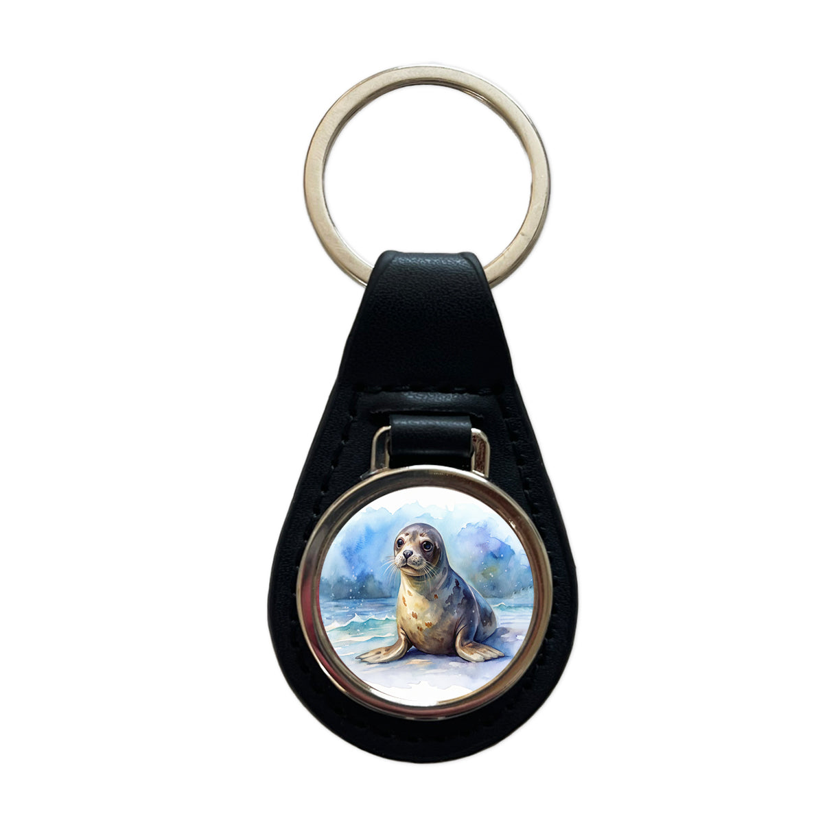 Seal Watercolor Black Leather Metal Keychain