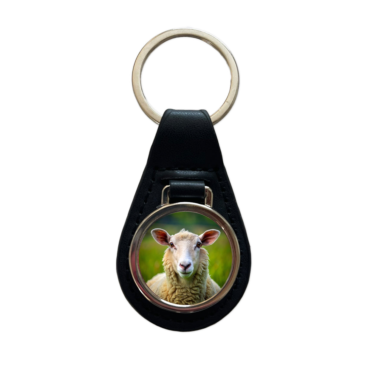 Sheep Black Leather Metal Keychain