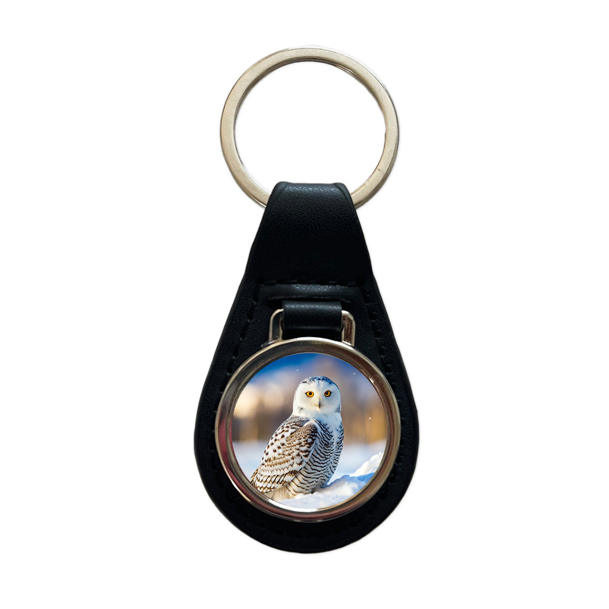 Snowy Owl Raptor Bird Of Prey Black Leather Metal Keychain
