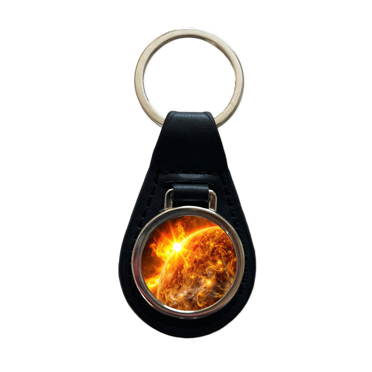 Solar Flare on the Sun Sci-fi Black Leather Metal Keychain