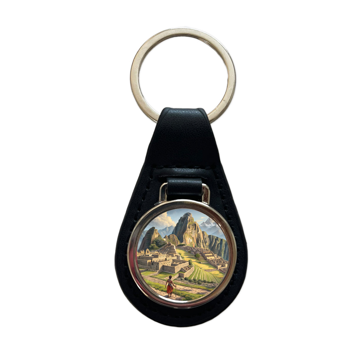South American Inca Empire Black Leather Metal Keychain