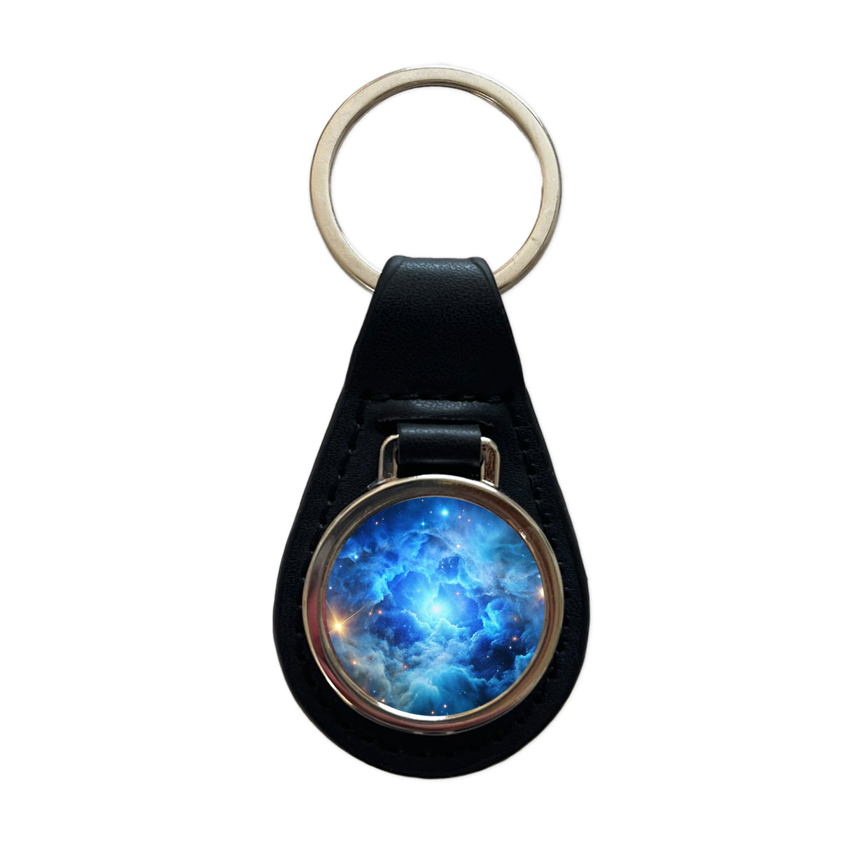 Space Galaxy Nebula Blue Black Leather Metal Keychain
