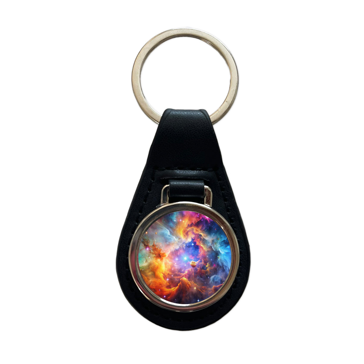 Space Galaxy Nebula Colorful Rainbow Black Leather Metal Keychain